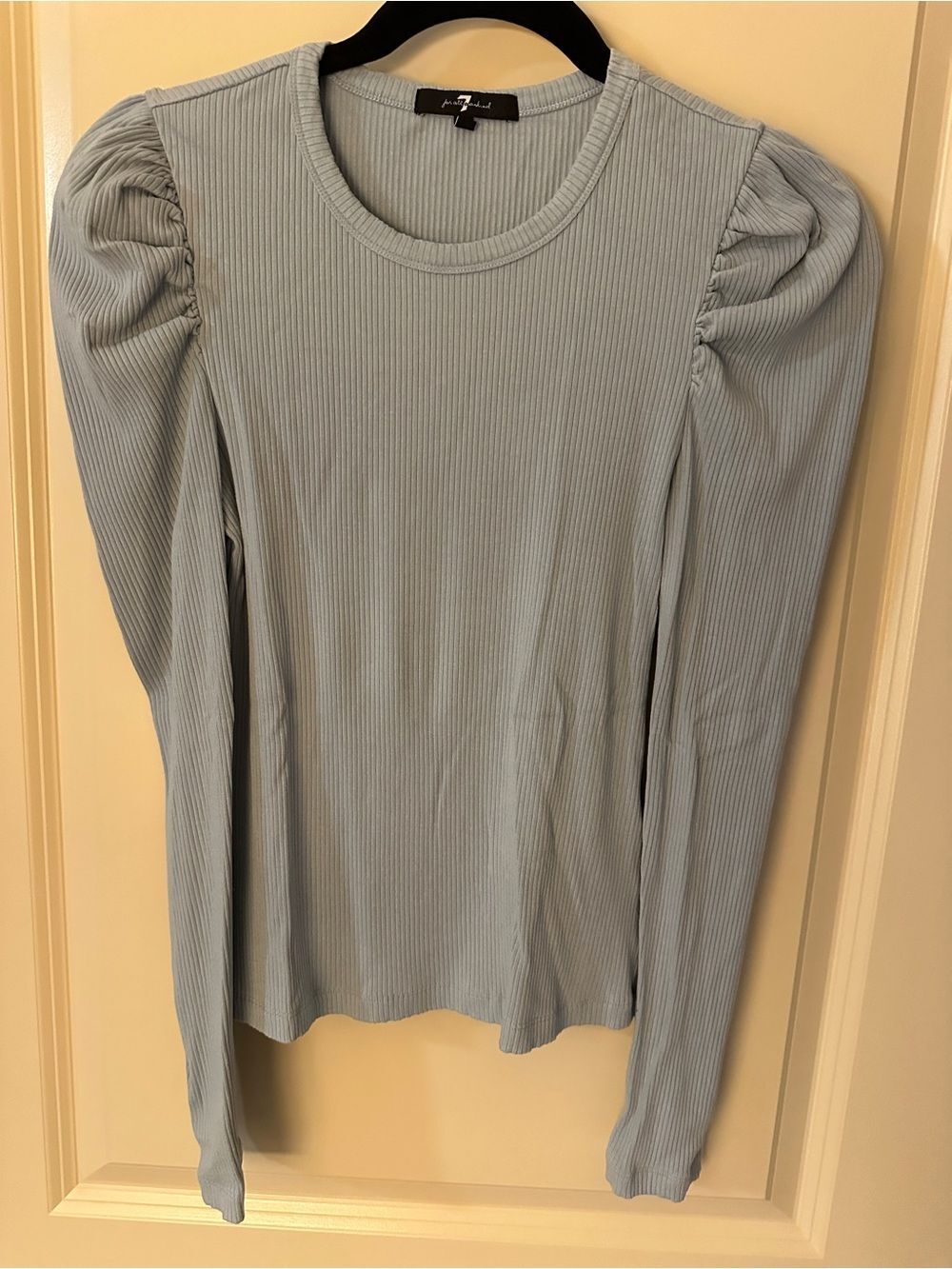 7 For All Mankind Puff-Sleeve Ribbed Long-Sleeve Top Light Blue Womens XS